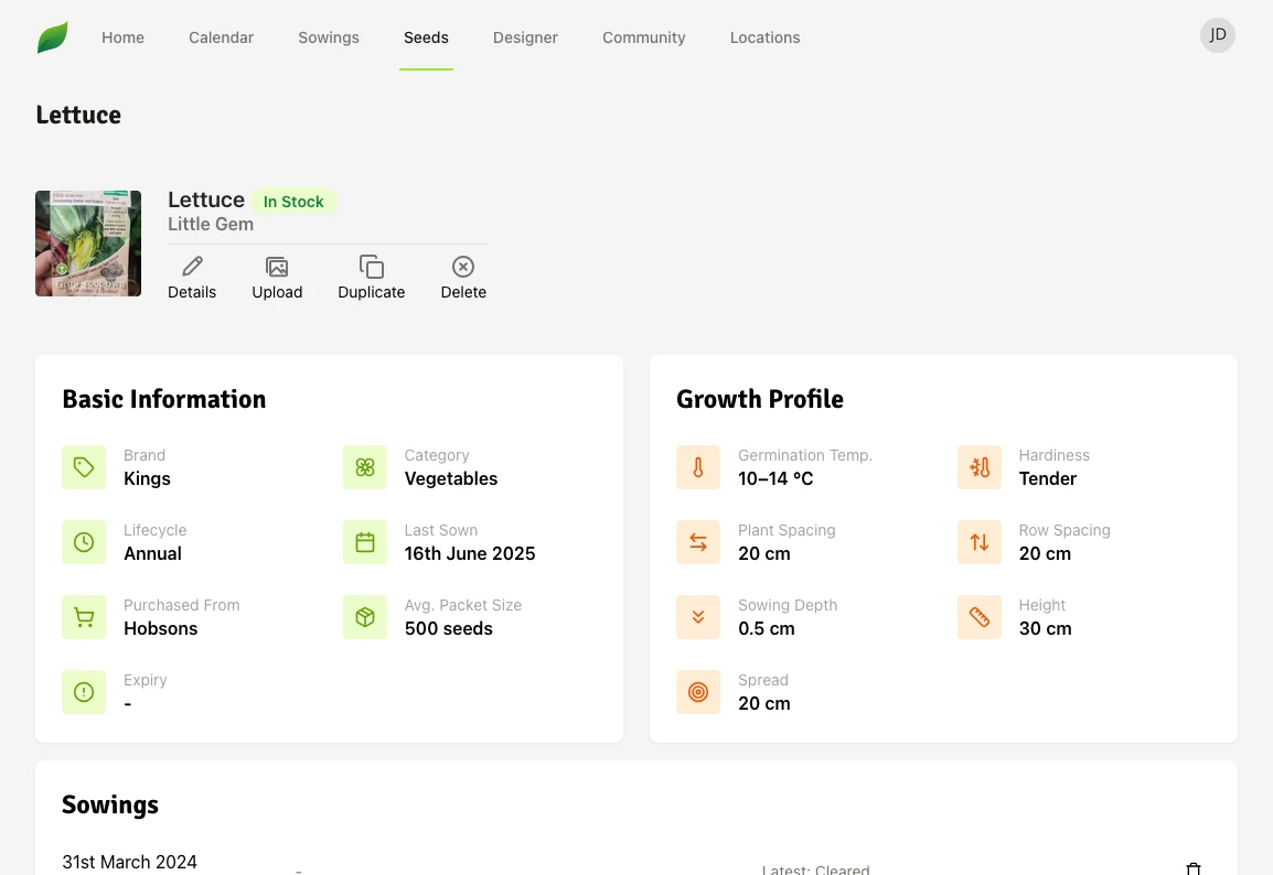 The SeedSort seed collection screen showing variety details and a sowing calendar