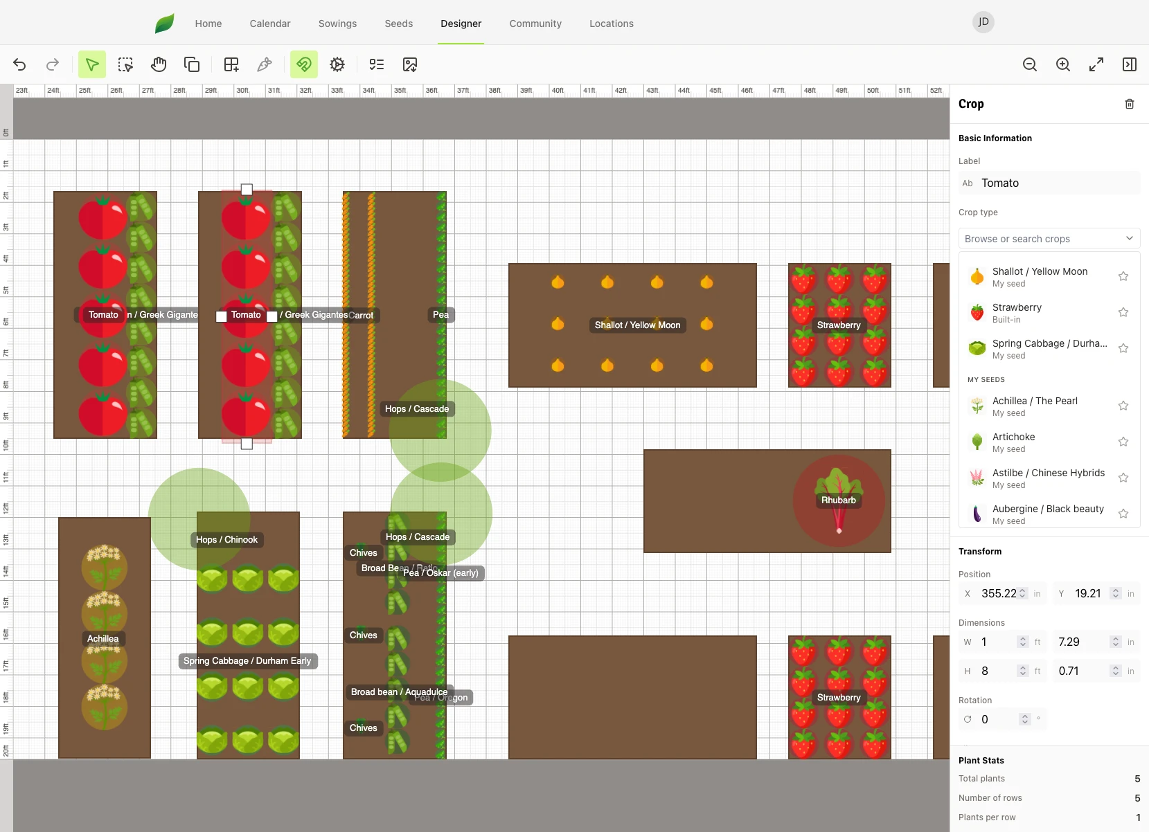 The SeedSort garden designer showing a plot laid out with beds, paths and crops